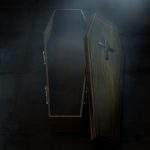 A slightly open empty wooden coffin with a metal crucifix and handles on a dark ominous background - 3D Render