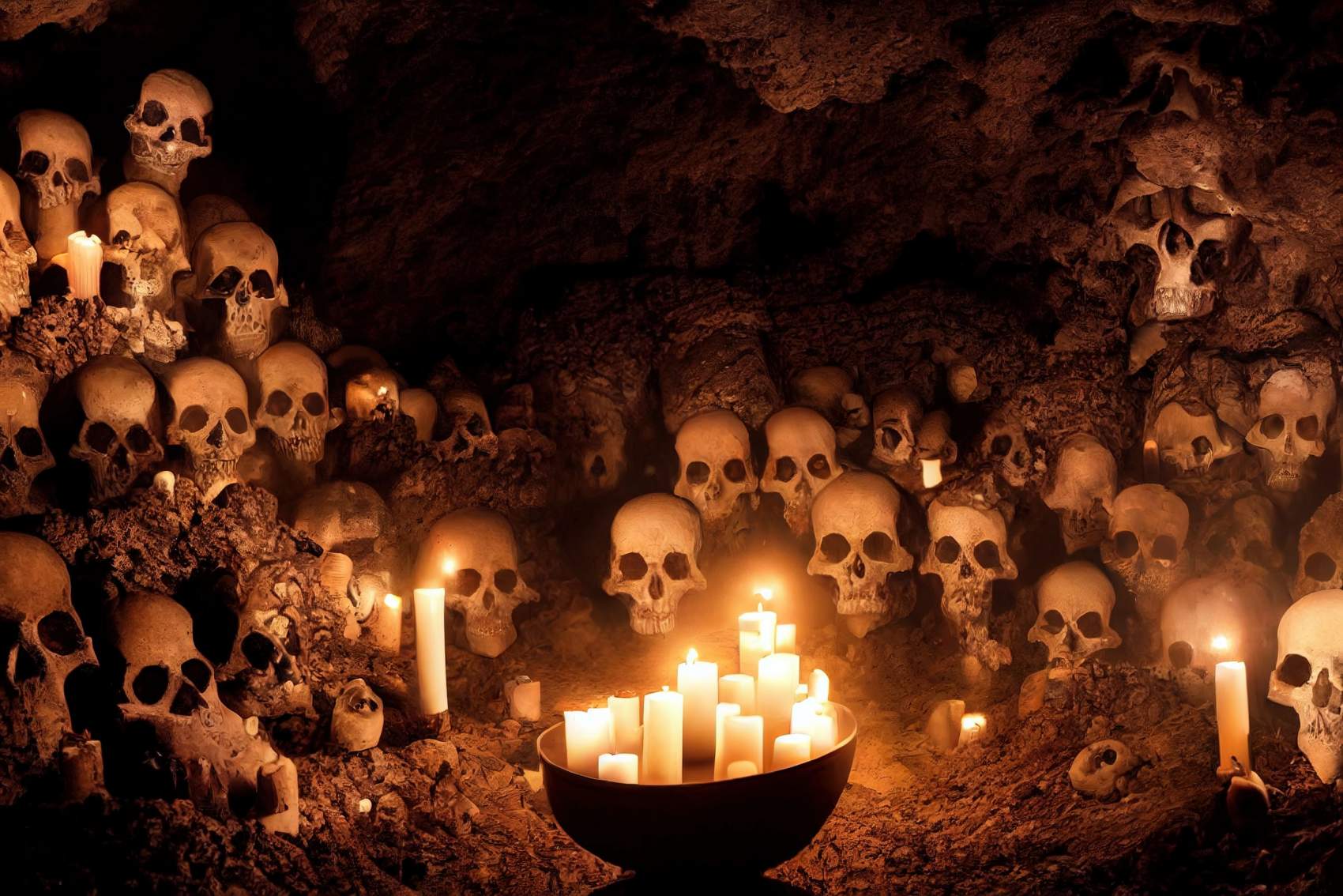 Creepy ancient cave with burning candles and skulls. An old abandoned grotto with bones.